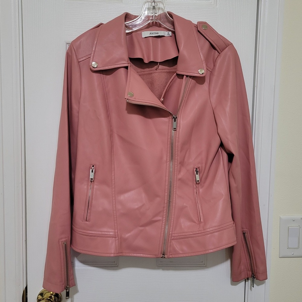JustFab Womens Pink Faux Leather Moto Jacket Asymmetrical Zip Biker Size M